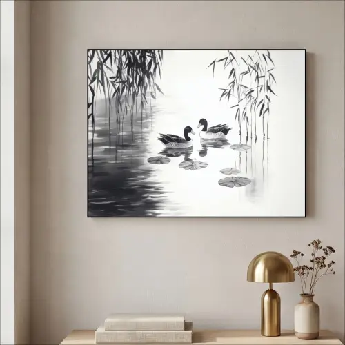 Eenden - Waterlelies - Riet - Zwart Textielframe zwart klein -sfeer2