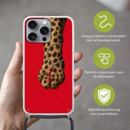 Poot - Luipaard - Ketting - Edelstenen Hoesje iPhone 16 Pro Max met koord klein -sfeer2_NL