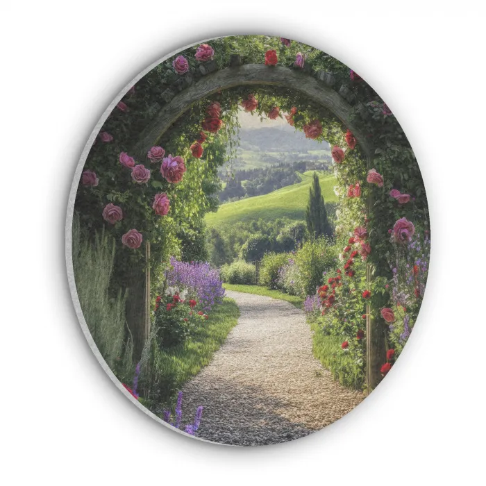 Doorkijk - Tuinboog - Bloemen - Natuur - Pad Akoestische PET Vilt - Rond klein -3d