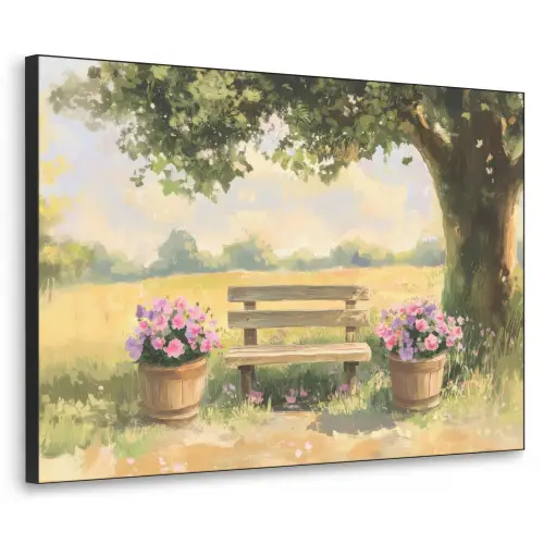 Houten bankje - Bloempotten - Landschap Textielframe zwart klein -3d