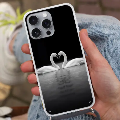 Zwanen - Hart - Zwart - Wit Hoesje iPhone 16 Pro Max met koord klein -sfeer3