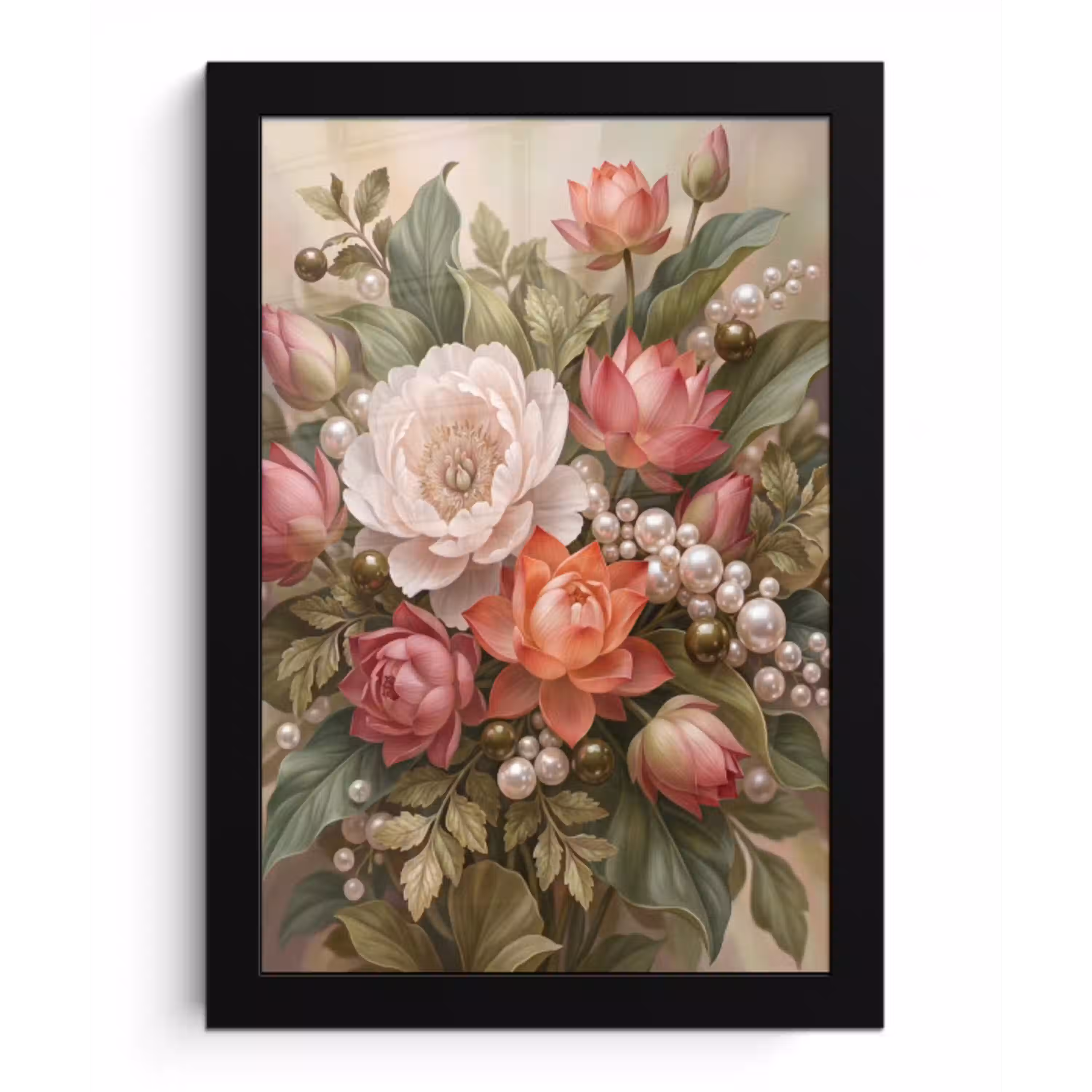 Bloemen - Parels - Elegant - Roze - Wit fotolijst zwart zonder passe partout klein -3d