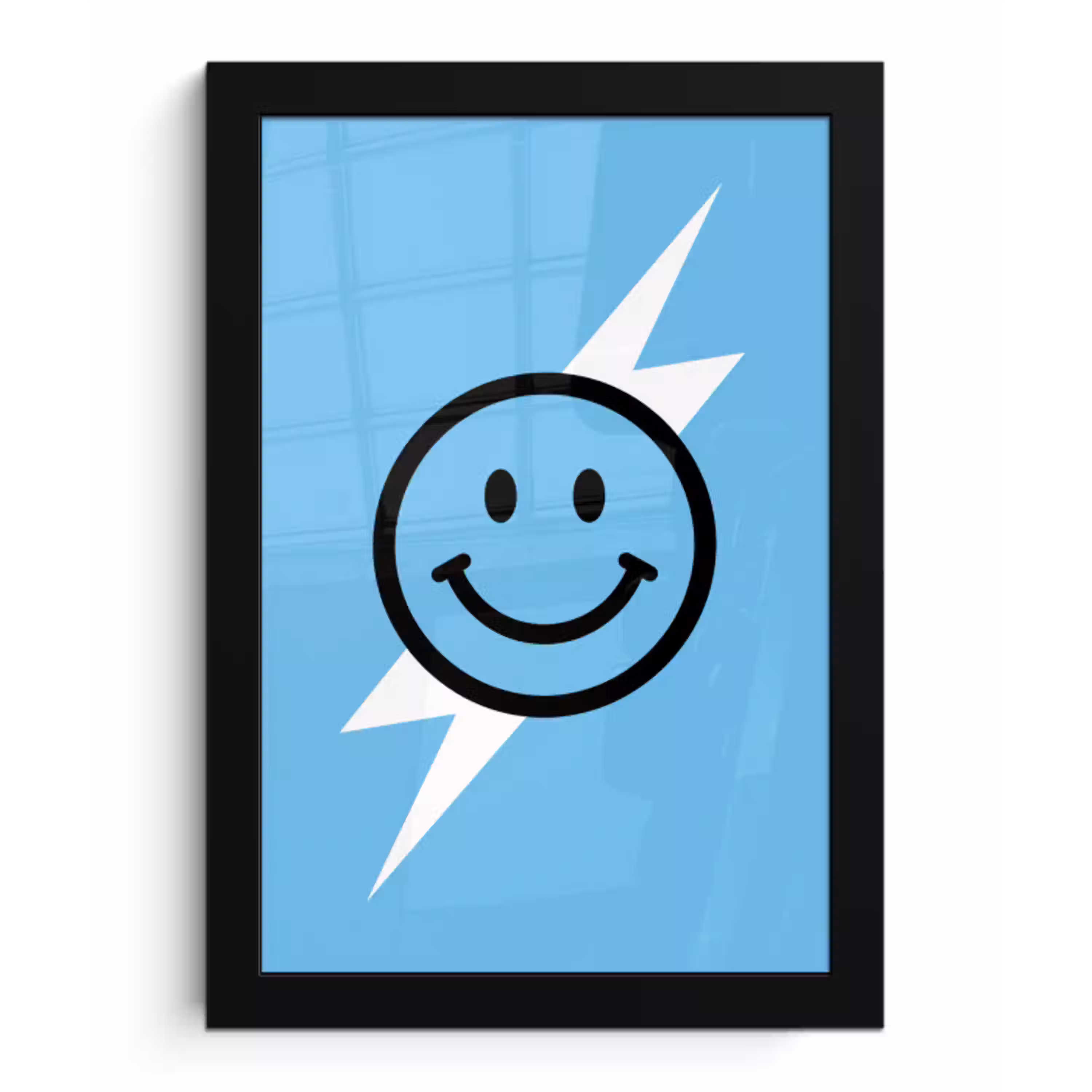 Smiley - Blauw - Bliksem fotolijst zwart zonder passe partout klein -3d