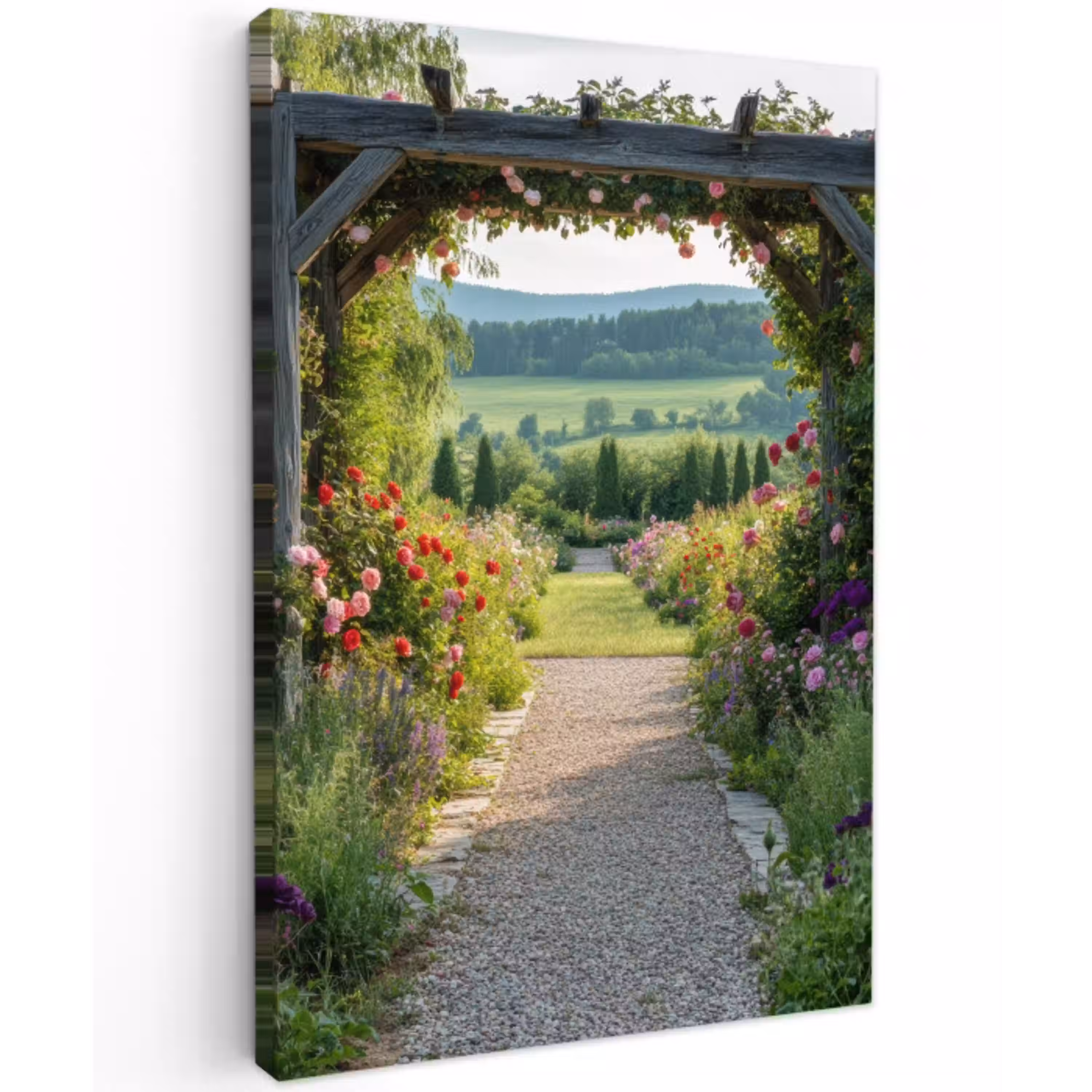 Doorkijk - Landschap - Natuur - Tuinboog - Bloemen Tuinposter op houten frame 2 cm dik klein -3d