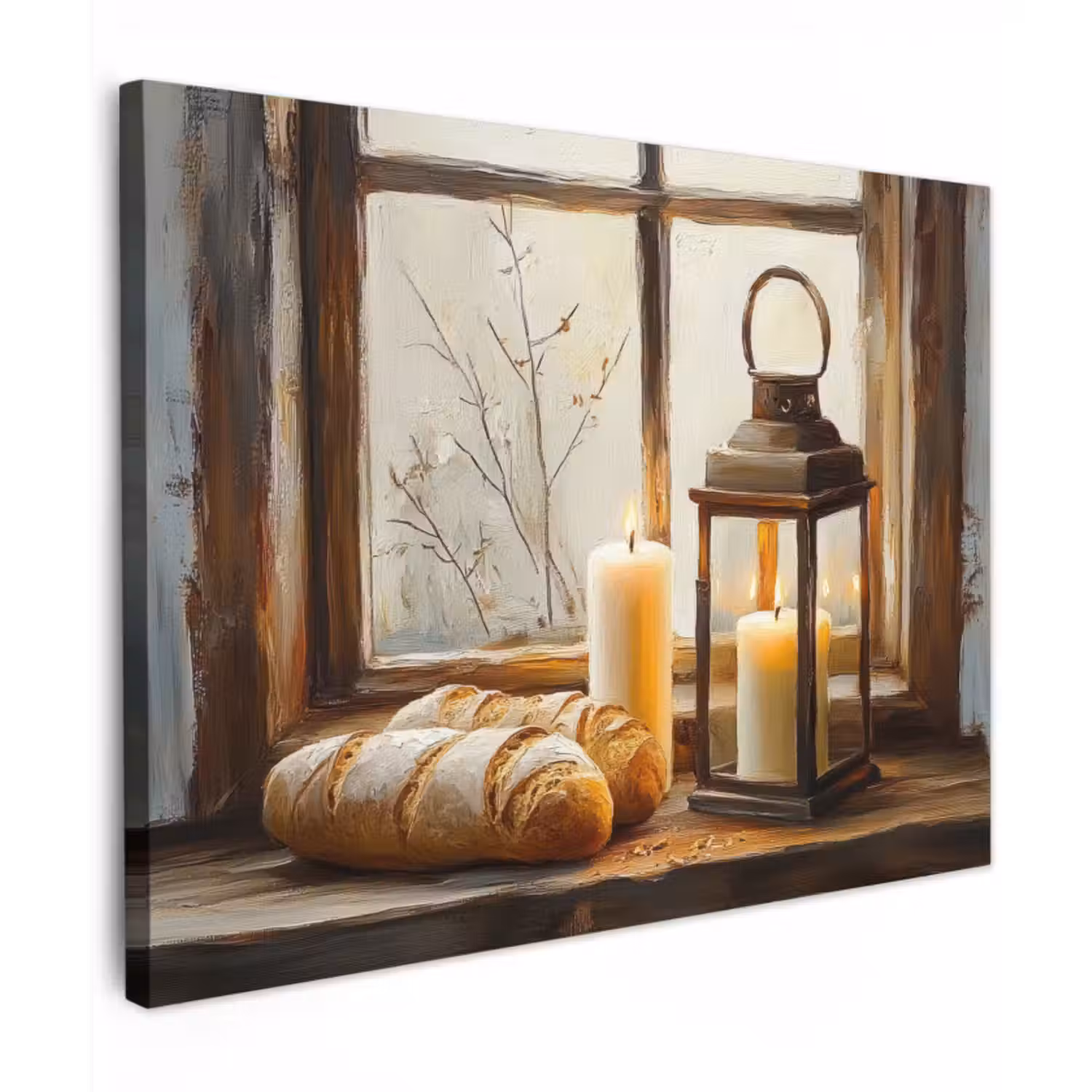 Canvas schilderij - Stilleven - Rustiek - Kaarsen - Broden - Raam