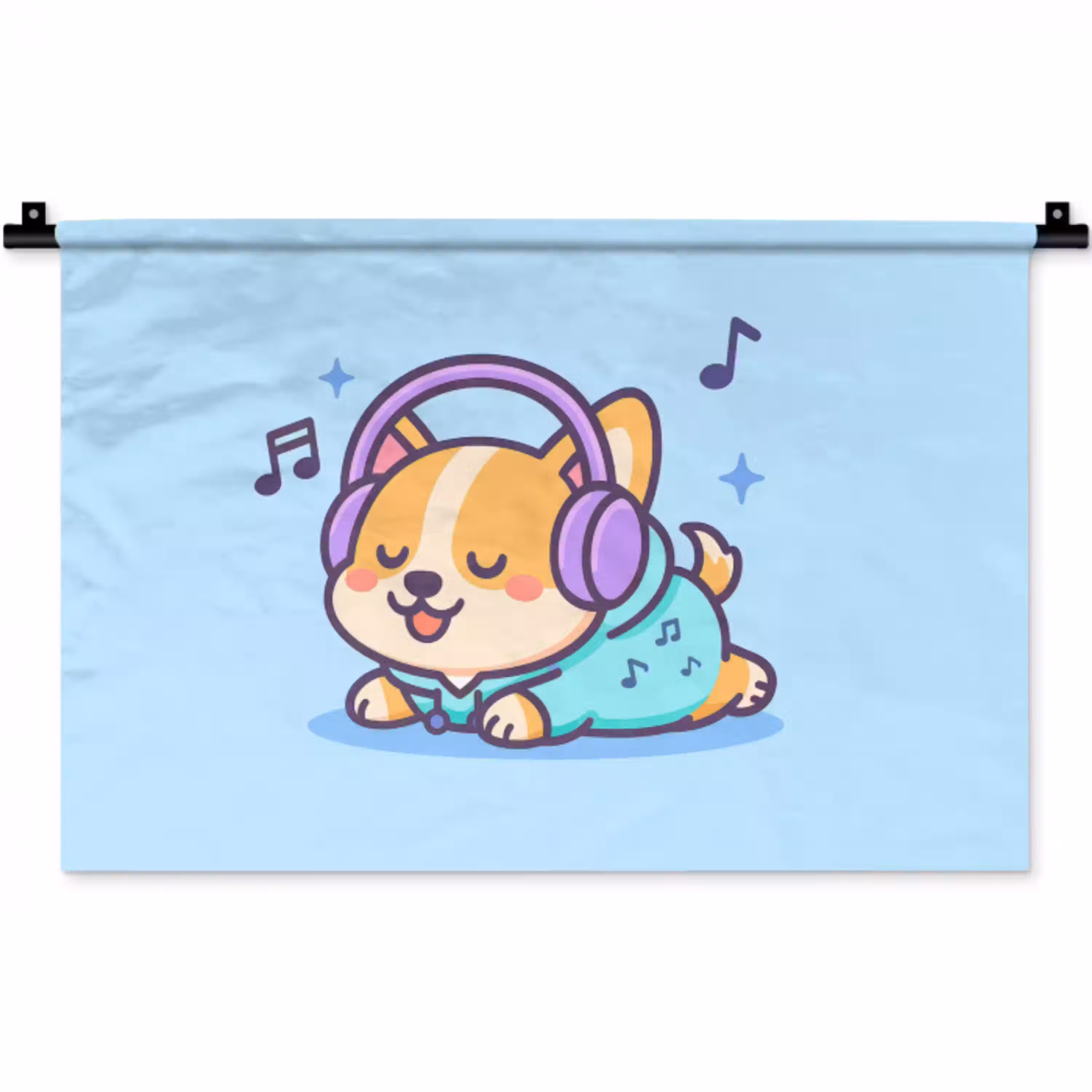 Corgi - Koptelefoon - Blauw - Muzieknoten Wandkleed katoen klein -zz3d
