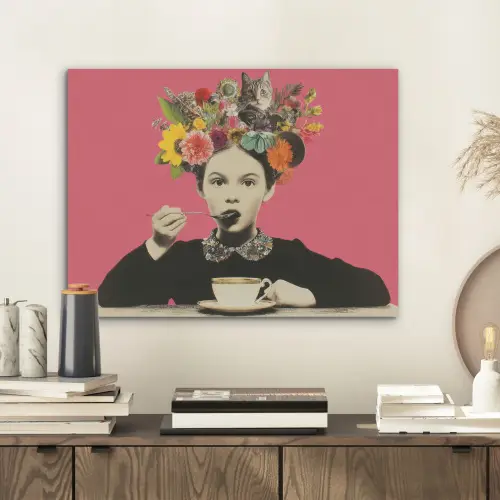 Meisje - Kopje - Bloemen - Roze PET vilt klein -sfeer1