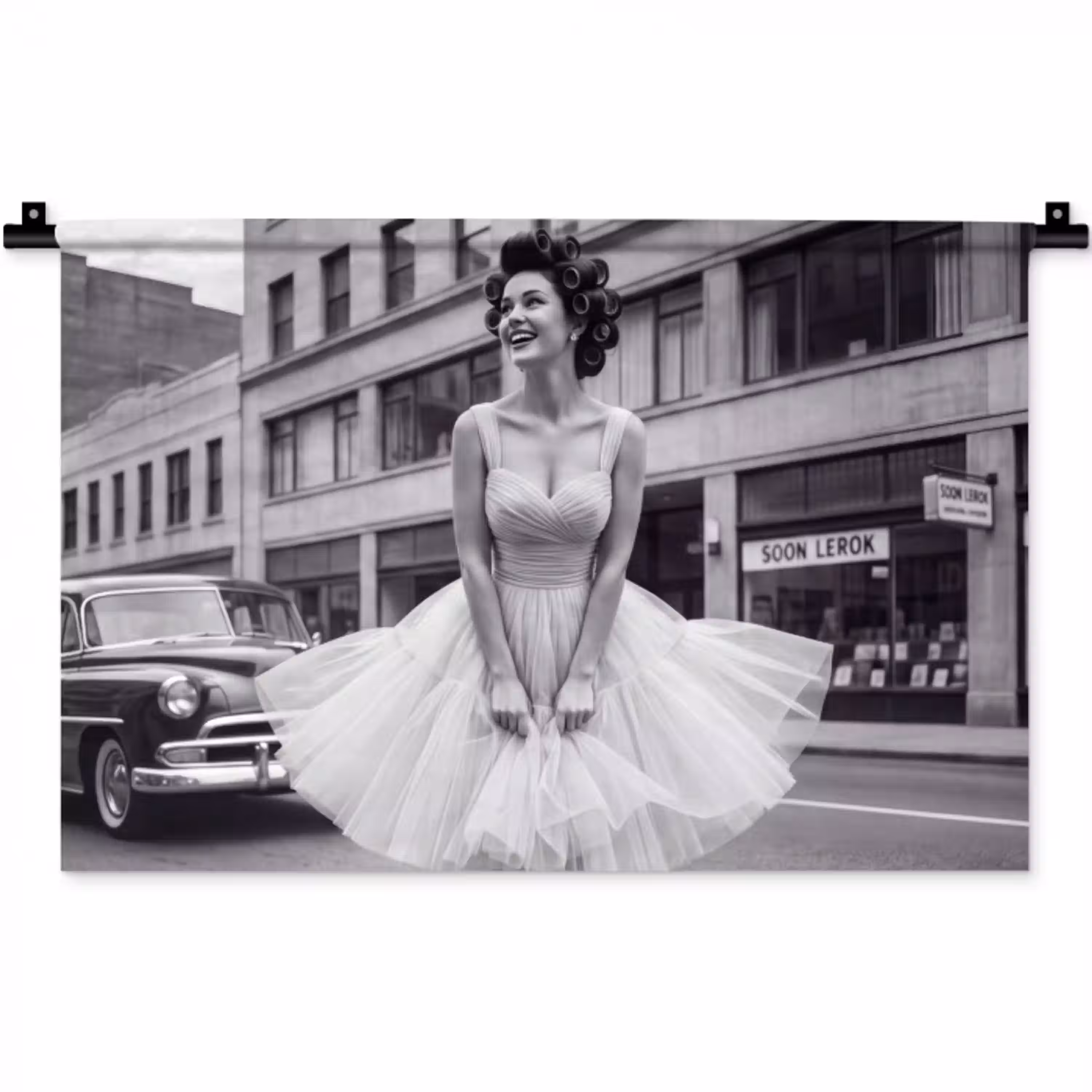 Retro - Vrouw - Zwart - Wit Wandkleed katoen klein -zz3d