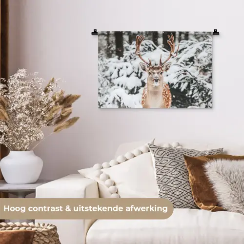 Hert - Sneeuw - Winter - Bos - Dieren Wandkleed katoen klein -sfeer1