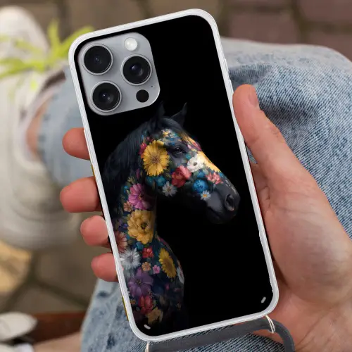 Paard - Bloemen - Zwart Hoesje iPhone 16 Pro Max met koord klein -sfeer3