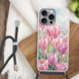 Tulpen - Veld - Lente - Roze Hoesje iPhone 16 Pro Max met koord klein -sfeer4