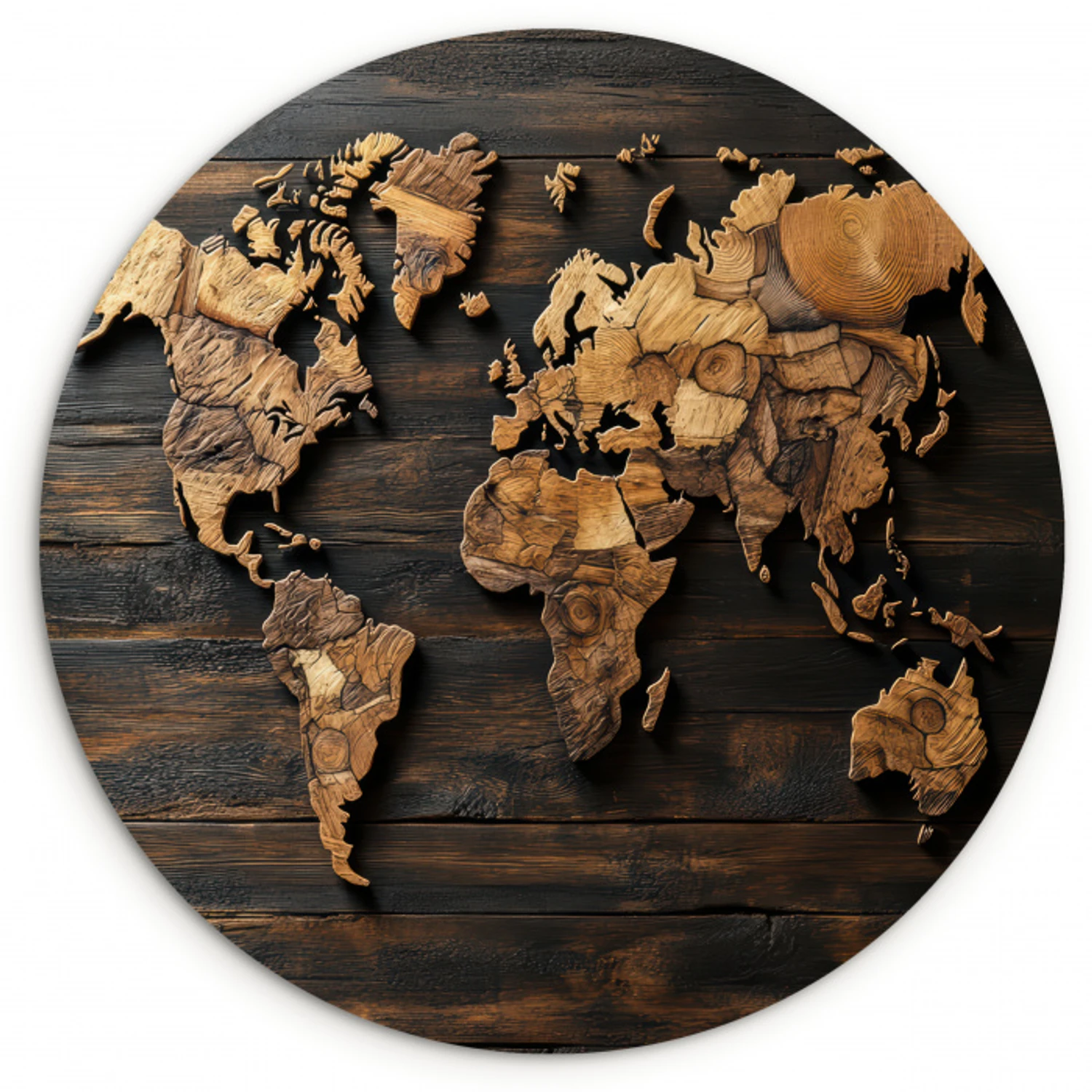 Wereldkaart -  Hout - Mozaïek Wandcirkel kunststof plaat 5mm dik klein -3d