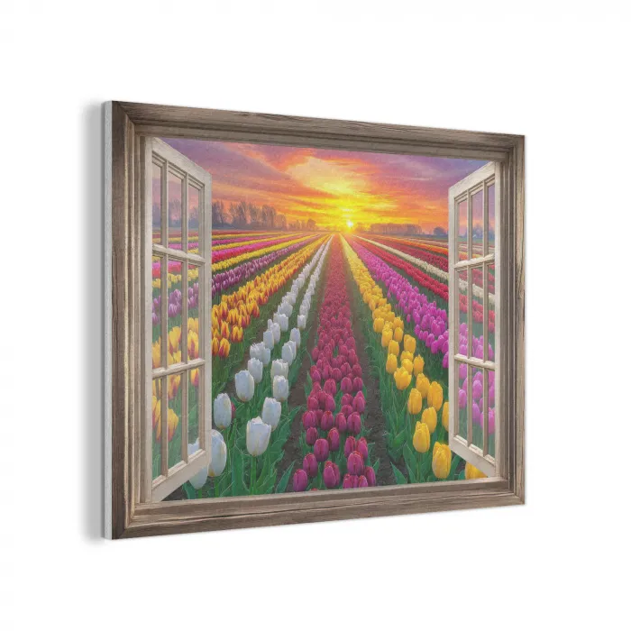 Doorkijk - Bloemen - Tulpen - Kleurrijk - Zonsondergang PET vilt klein -3d