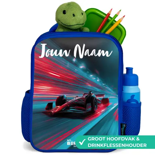 Formule 1 - Raceauto - Rood - Neonverlichting Kinderrugzak - Blauw middel -inhoud_NL