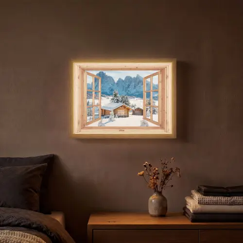 Doorkijk - Winterlandschap - Huisje - Bergen - Uitzicht Light Box met batterij (Wandlamp) middel -sfeer4