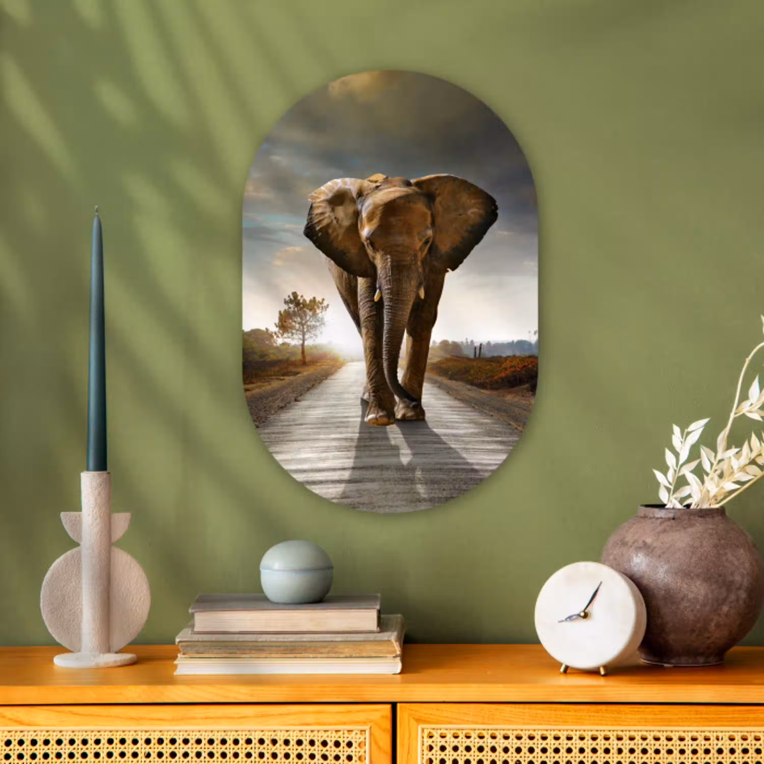 Olifant - Weg - Dieren - Zonsondergang - Landschap Wandcirkel Ovaal Forex klein -sfeer2