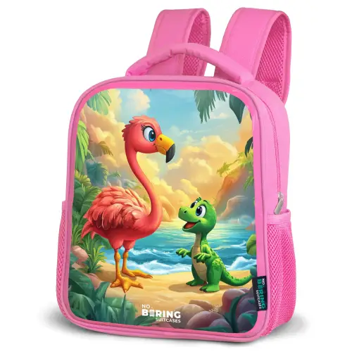 Flamingo en dinosaurus op strand bij ondergaande zon Kinderrugzak - Roze middel -schuin