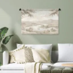 Rivierlandschap - Bergen - Natuur - Vintage - Beige Wandkleed katoen klein -sfeer7