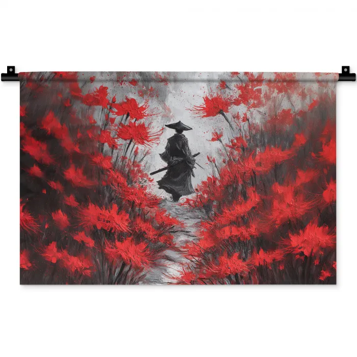 Rode bloemen - mistig - Man Wandkleed katoen klein -zz3d