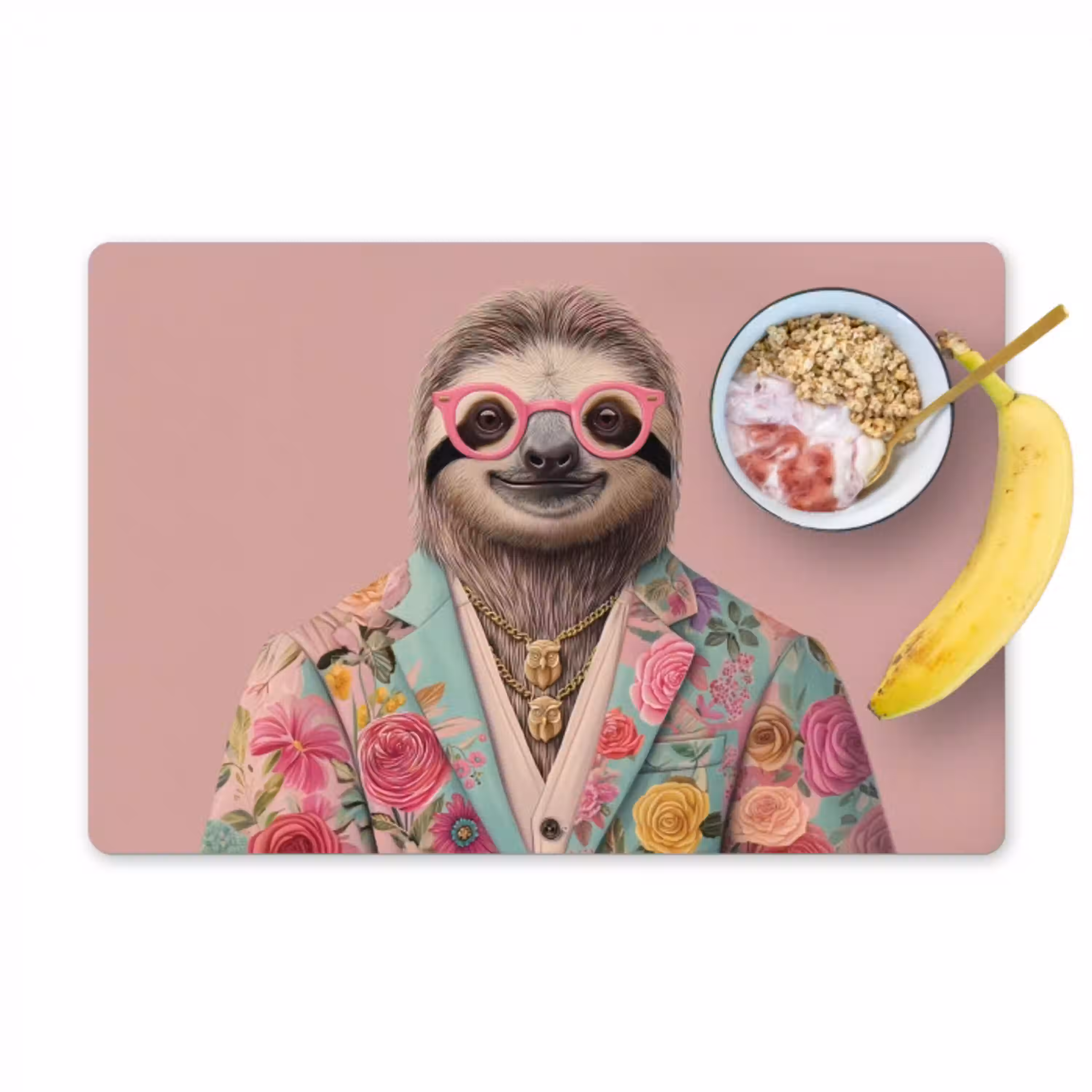Luiaard - Bloemenprint - Bril - Roze Placemat vinyl groot -zzzproduct_Kitchenyeah-website