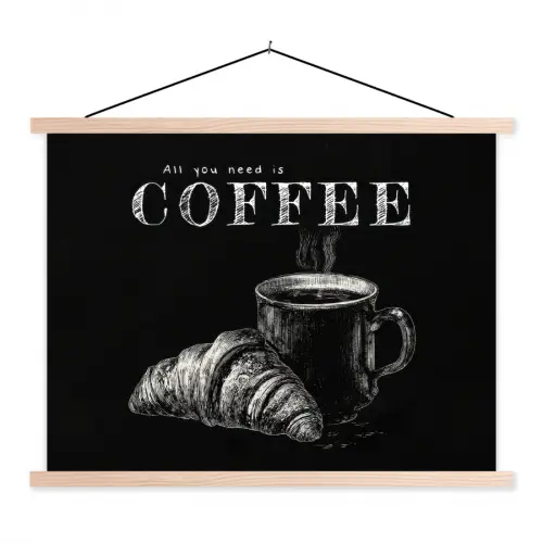 Koffie - Croissant - Tekst textielposter latten blank klein -3d