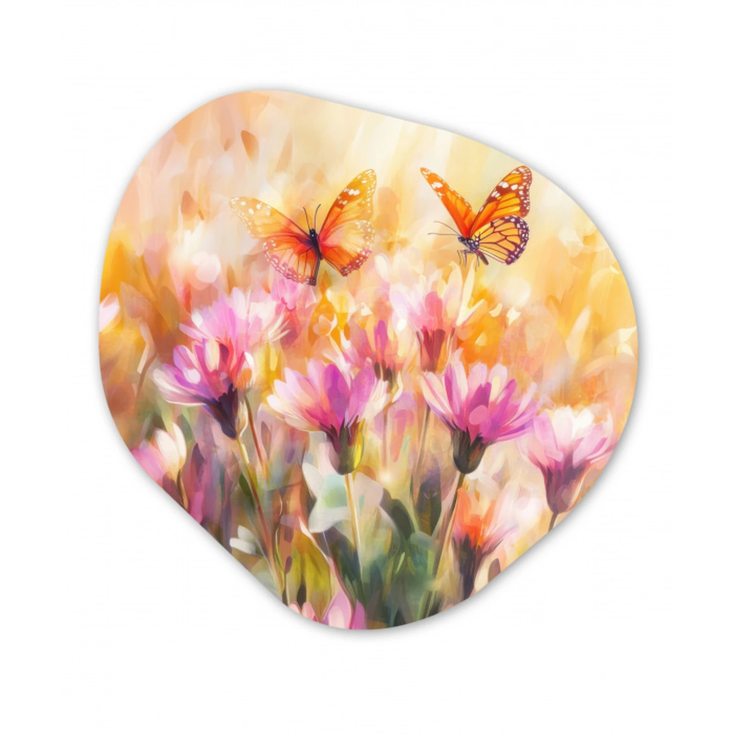 Vlinders - Oranje - Bloemen Wandcirkel Organisch Plexiglas middel -3d