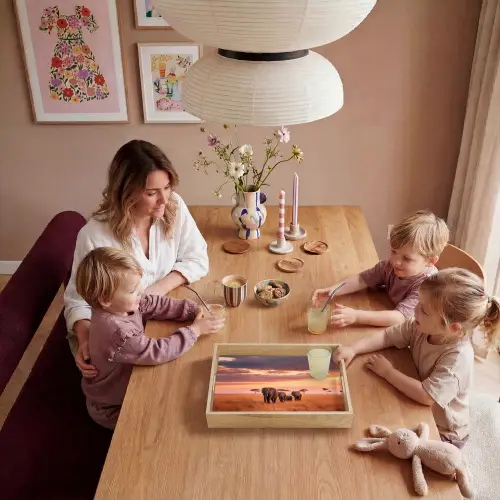Groep olifanten - Open vlakte - Zon Dienblad Rechthoek middel -sfeer4