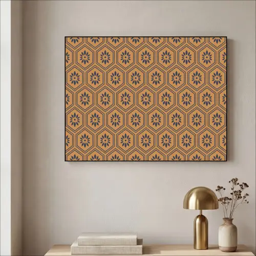 Okergeel - Patroon - Bloem - Donkerblauw Textielframe zwart klein 947 -sfeer2