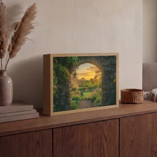 Poort - Planten - Zonsondergang Light Box met batterij (Wandlamp) middel -sfeer2