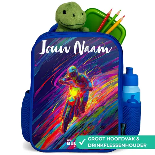 Crossmotor - Neonkleuren - Lijnen - Helm Kinderrugzak - Blauw middel -inhoud_NL
