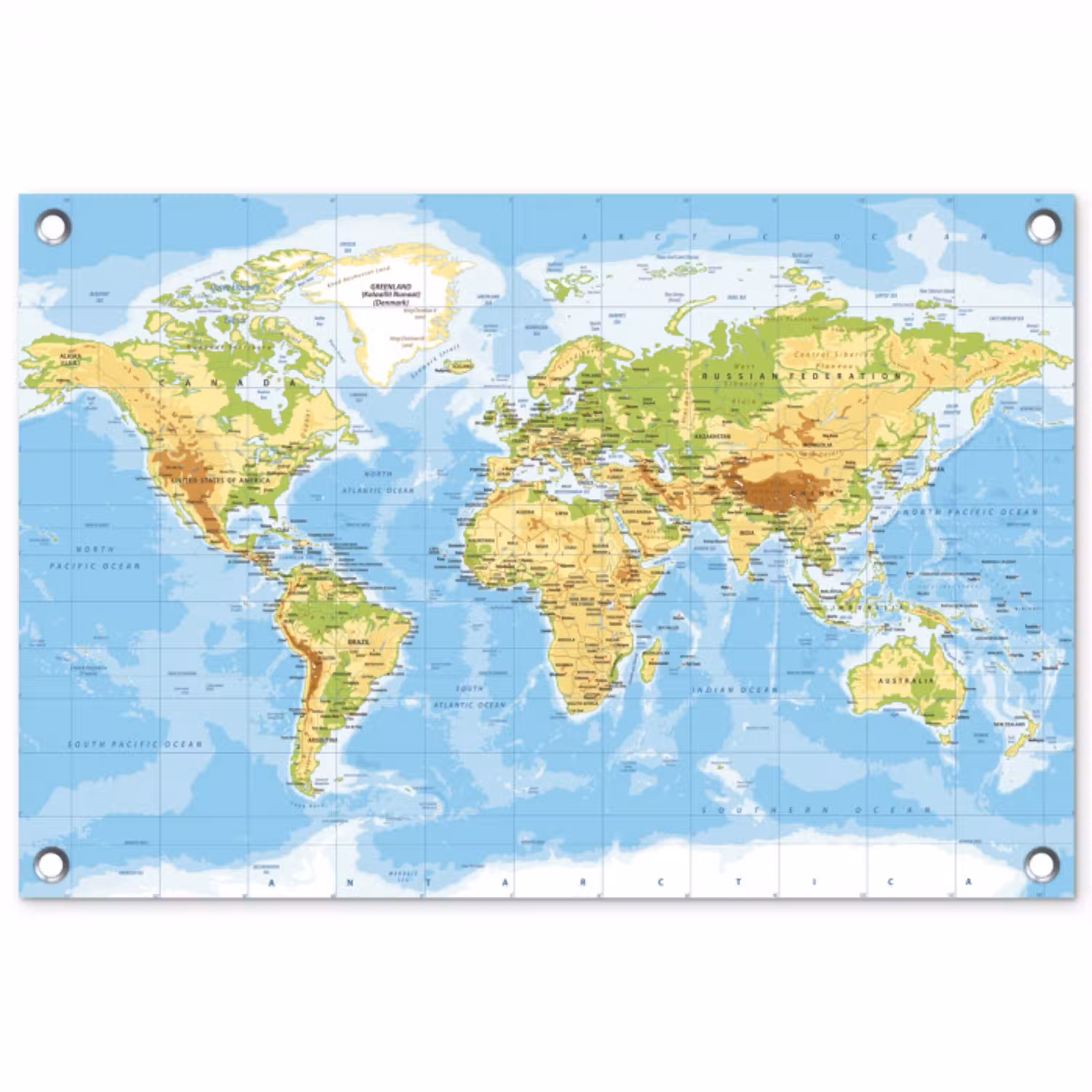 Wereldkaart - Staatkundig - Blauw - Aarde - Educatief tuinposter los doek klein -3d