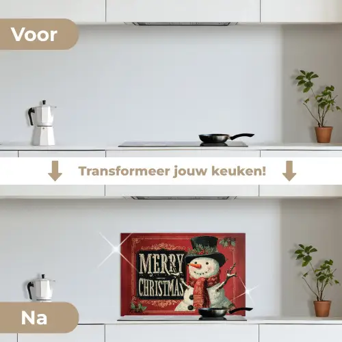 Klassiek - Kerstgroet - Sneeuwpop - Rood keuken achterwand spatscherm klein -voor_na_NL