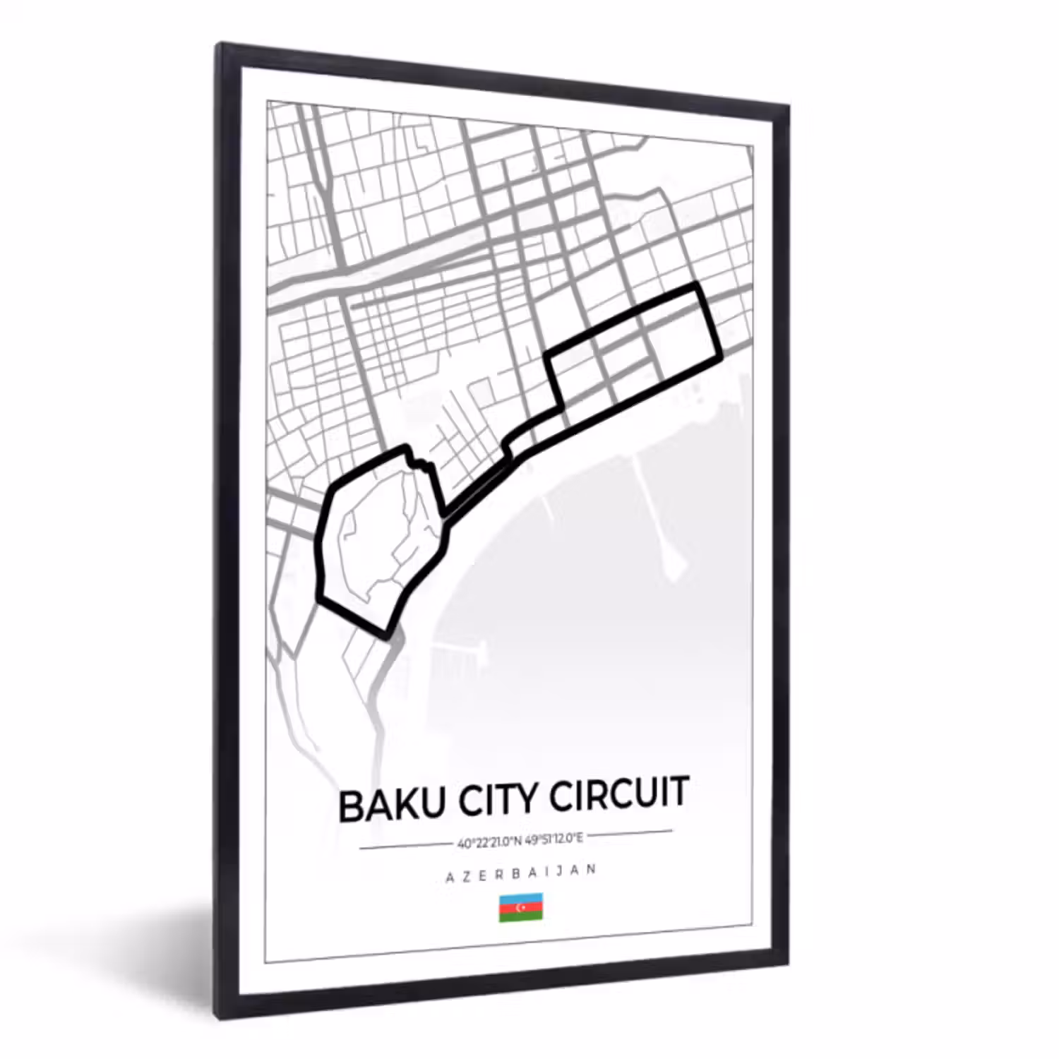 Poster met lijst - Racebaan - Circuit - F1 - Baku City Circuit - Azerbeidzjan - Wit