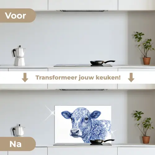Illustratie - Koe - Blauw keuken achterwand spatscherm klein -voor_na_NL
