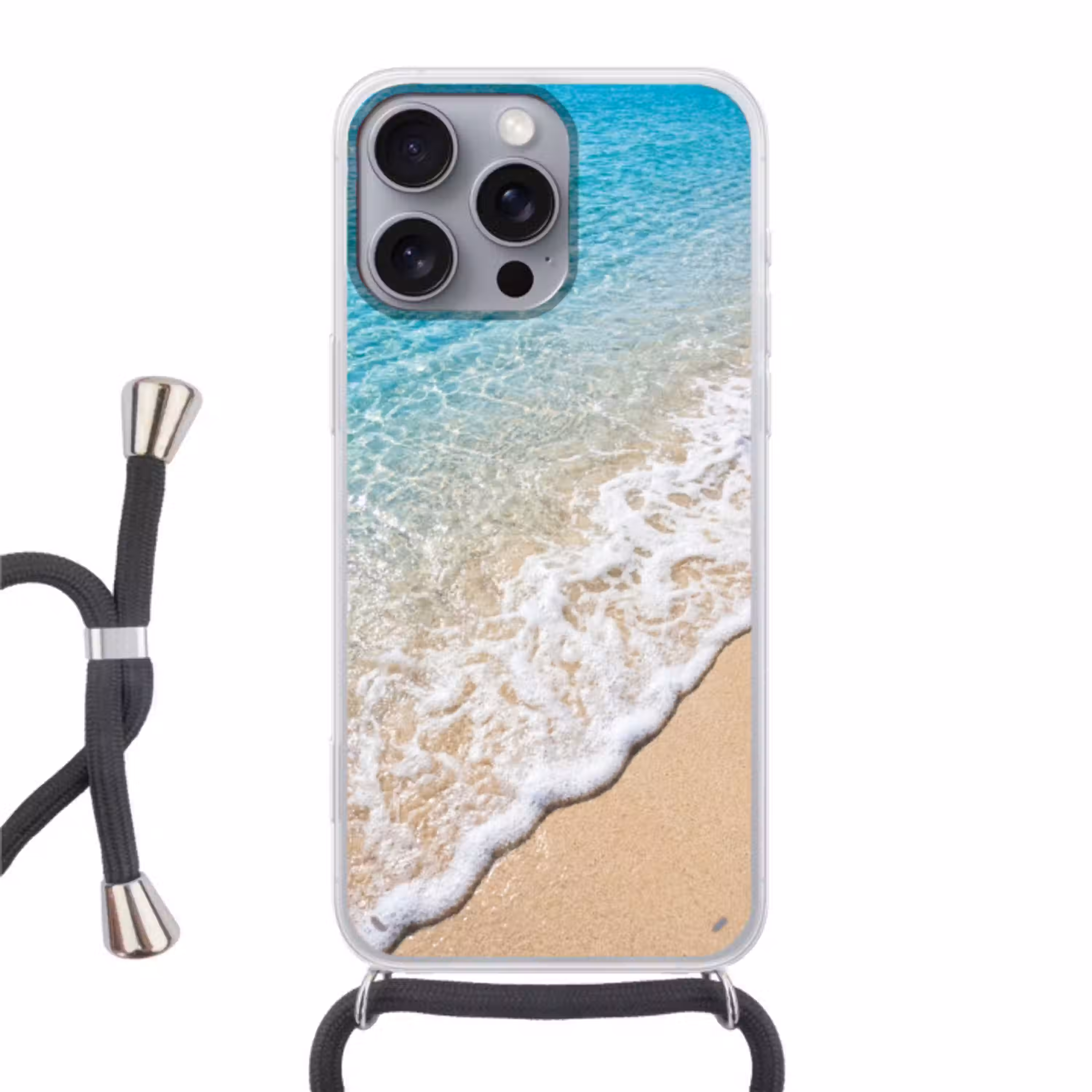 Strand - Water - Natuur - Blauw - Beige Hoesje iPhone 16 Pro Max met koord klein -3d