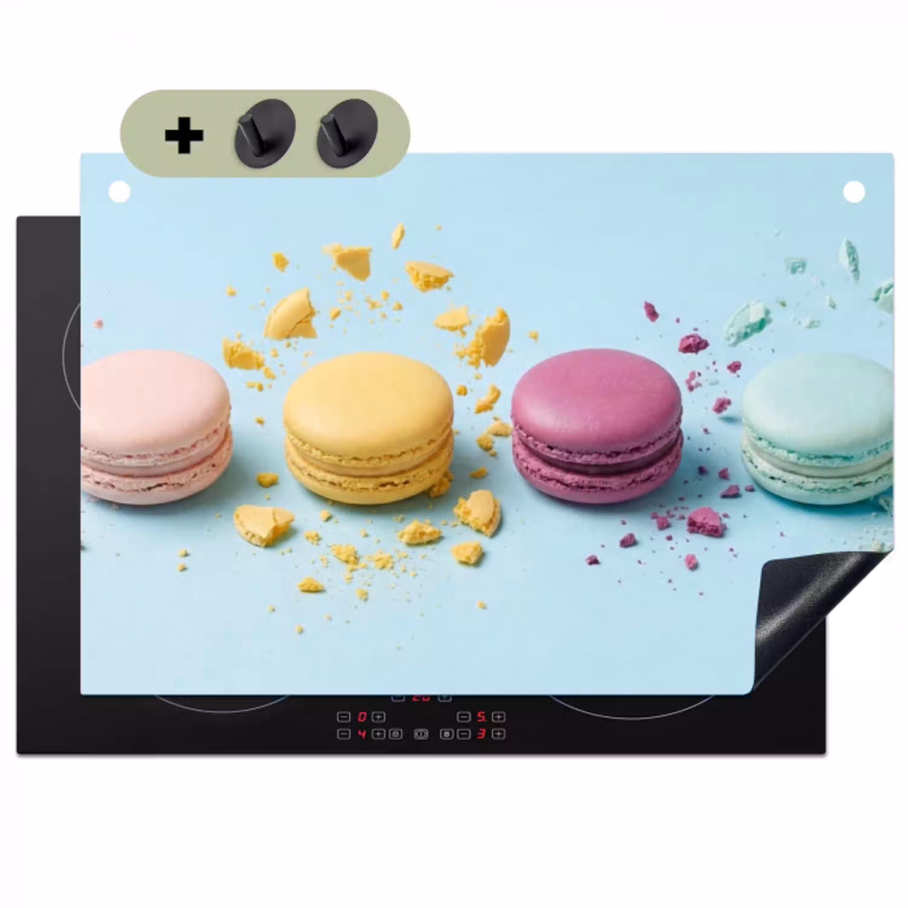 Macarons - Kleurrijk - Pastel Inductie beschemer met haakjes klein -3d