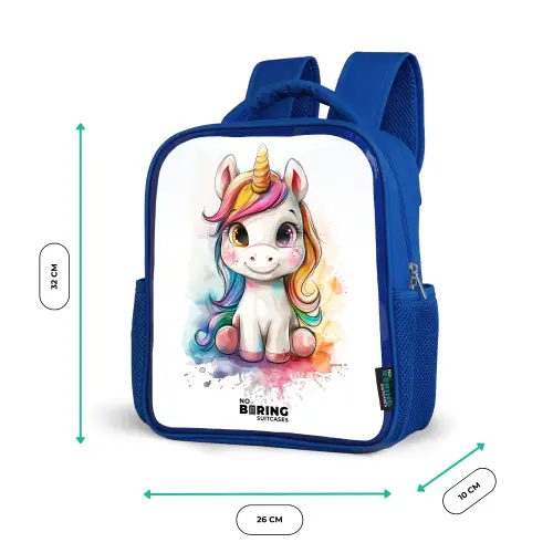 Witte Eemhoorn met Kleurrijke Manen en Verfspatten Kinderrugzak - Blauw middel -productfoto_formaten
