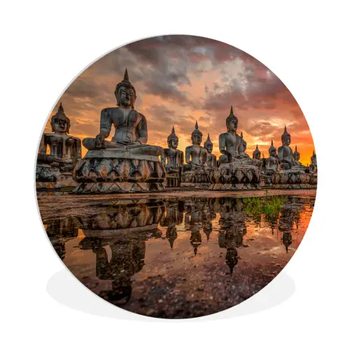 Boeddha beelden - Zonsondergang - Water - Boeddhisme Wandcirkel kunststof plaat 5mm dik klein -3d