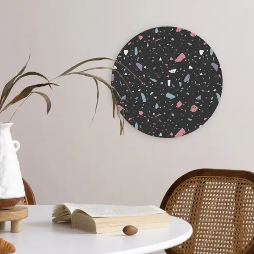 Terrazzo - Patroon - Zwart - Zacht Wandcirkel kunststof plaat 5mm dik klein 188 -sfeer4