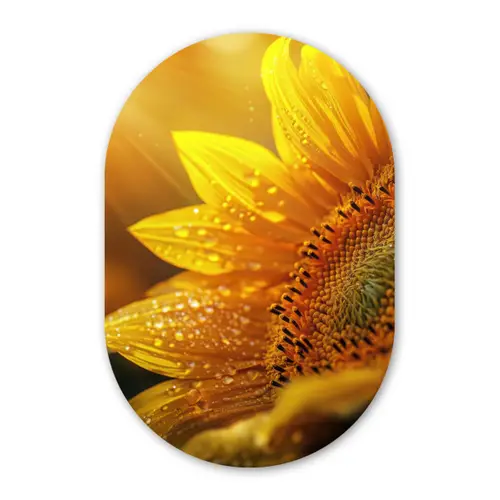Zonnebloem - Dauwdruppels - Geel - Zonlicht Wandcirkel Ovaal Glas middel -3d