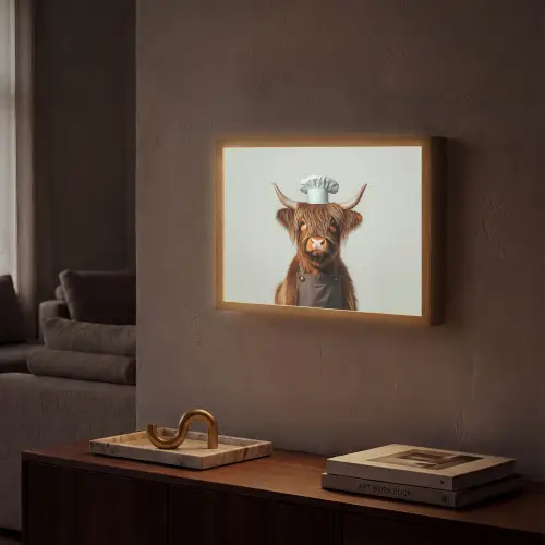 Schotse Hooglander - Bruin - Hoorns - Kokskleding Light Box met batterij (Wandlamp) middel -sfeer1