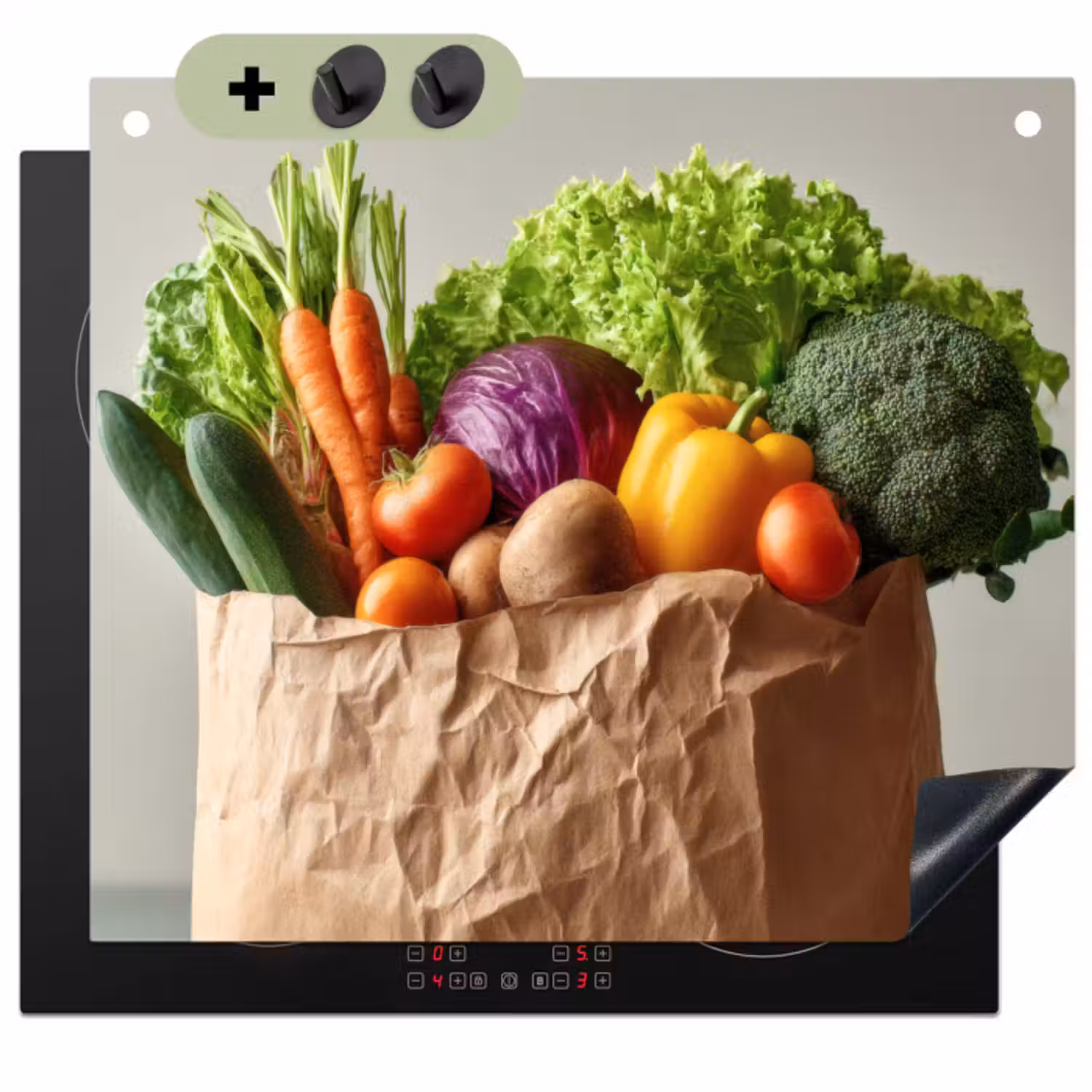Inductie beschermer en spatscherm (2in1) - Papieren - Boodschappen - Groente - Kleurrijk
