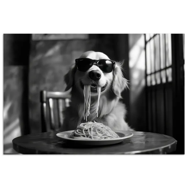 Poster - Golden Retriever - Hond - Vrolijk -  Bord spaghetti - Zwart - wit