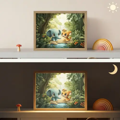 Olifant - Tijger - Bos - Jungle Light Box met batterij (Wandlamp kind) middel -sfeer3_kind