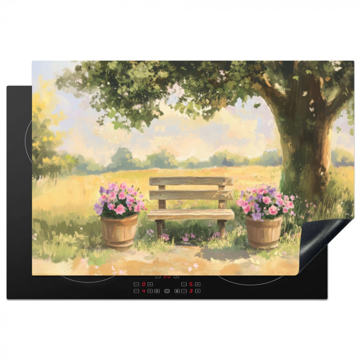 Houten bankje - Bloempotten - Landschap Inductie beschermer vinyl 3mm klein -3d