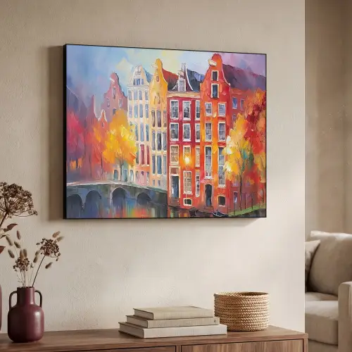 Grachtenpanden - Kunst - Schilderij - Amsterdam Textielframe zwart klein -sfeer3