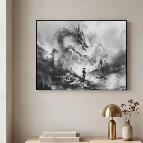 Krijger - Draak - Grijs Textielframe zwart klein -sfeer2