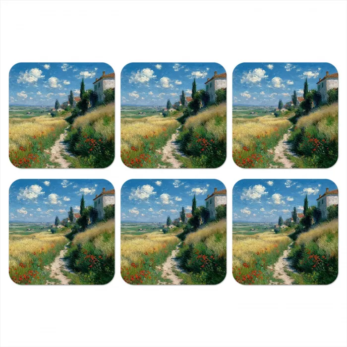 Zandpad - Huis - Bomen - Grasveld onderzetter kurk middel -3d