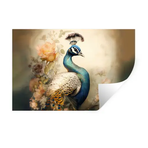 Pauw - Pauwenveren - Bloemen - Vogels - Botanisch Muursticker klein -3d