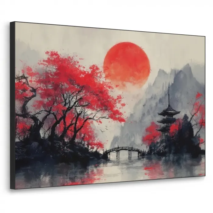 Rode zon - Rivier - brug - Bomen Textielframe zwart klein -3d